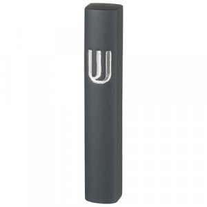 Rounded Dark Gray Polyresin Mezuzah Case, Silver Shin - For Scroll 12 cm