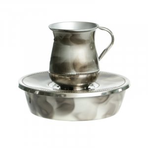 Mayim Achronim 3 Piece Set, Jug, Bowl and Lid in Gray and White Marble Shades