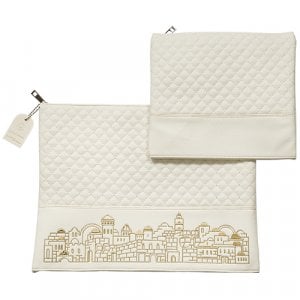 Off White Faux Leather Tallit and Tefillin Bag Set - Gold Jerusalem Images