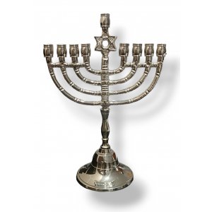 Nickel Chanukah Menorah with Decorative Star of David on Stem - 8 Inches Height