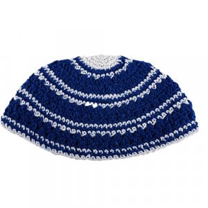 Frik Kipah - Thick Crocheted Weave of Blue and White Stripes