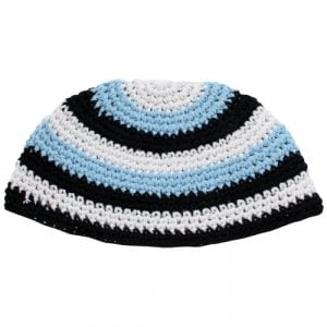 Frik Kippah  White, Black and Sky-blue Horizontal Stripes
