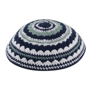 Knitted Kippah with Blue, White and Light Green Stripes