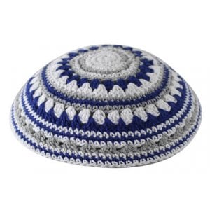 Knitted Kippah Serugah with Blue, White and Gray Stripes - Choice of Sizes