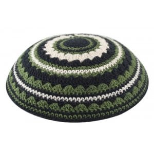 Knitted Kippah with Black, Green and Beige Stripes - Choice of Sizes