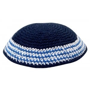 Navy Blue Knitted Kippah with White and Light Blue Border Stripes