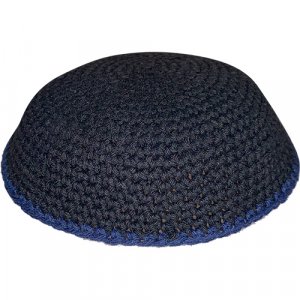 Black DMC Knitted Kippah with Thin Blue Border Stripe