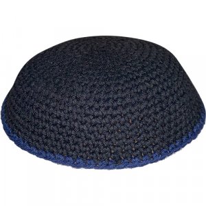 Black Knitted Kippah with Blue Border