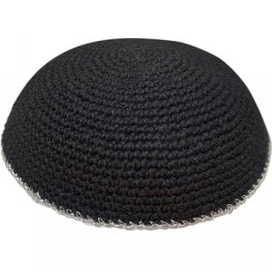 Black Knitted Kippah Srugah with Silver Border - Choice of Sizes