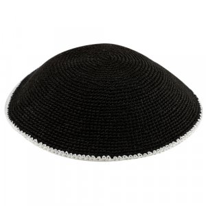 Black DMC Knitted Kippah with Thin Ivory Border Stripe - Choice of Sizes