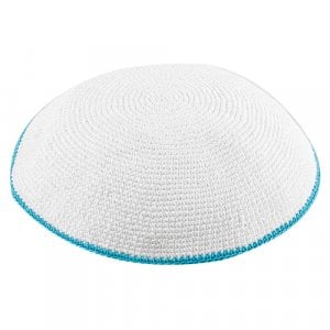 White DMC Knitted Kippah with Thin Light Blue Border Stripe - Various Sizes