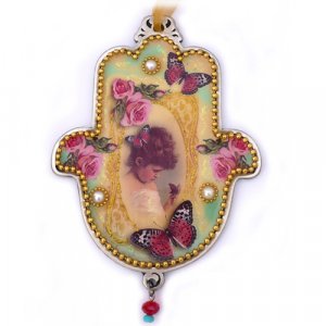 Iris Design Hamsa Wall Plaque, Young Girl with Beaded Roses and Butterflies