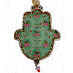 Iris Design Hamsa Wall Plaque, Beaded Roses and Birds  English Blessing Words