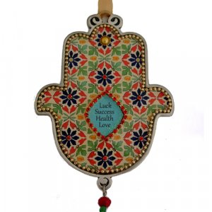 Iris Design Hamsa Wall Plaque, Beaded Flowers with Blessing Words - English