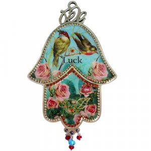 Iris Design Hamsa Wall Plaque with Songbirds and Pink Roses and "Luck" -