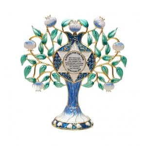 Gleaming Free Standing Enamel Pomegranate Tree, Green and Blue - Home Blessing