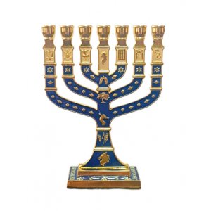 Small Gold Metal 7-Branch Menorah with Enamel, 12 Tribes Engraving - Color Choice