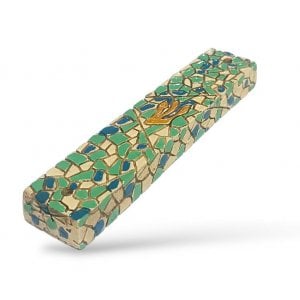 Wood Mezuzah Case with Mosaic Design - Turquoise, Green and Blue with Gold Shin