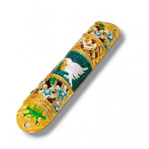 Gleaming Mezuzah Case, Dove of Peace - Gold and Green with Crystals