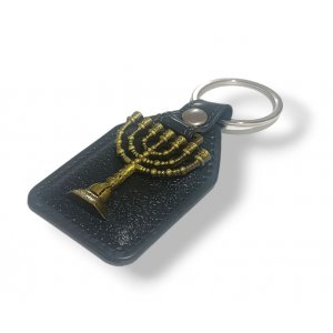 Key Chain with Metal Temple Menorah Image in Gold  Attached to Black Vinyl Base
