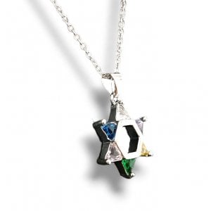 Pendant Necklace, Star of David with Colored Stones in Triangle Edges