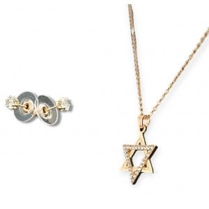 Star of David Pendant Necklace with Stud Earrings, Rhodium  Silver or Gold