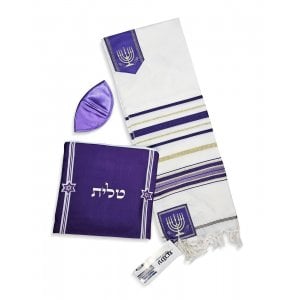 Ateret Acrylic Tallit Set, Menorah Motif and Bible Words  Purple and Gold Stripes