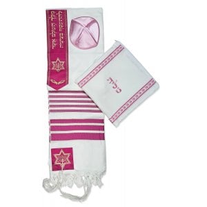 Ateret Acrylic Tallit Set, Pink Stripes on White, Star of David and Menorah Motif
