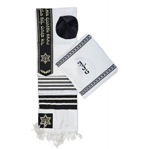 Ateret Acrylic Tallit Set, Black and Gold Stripes, Star of David & Menorah Motif
