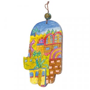 Yair Emanuel Hand Painted Wood Wall Hamsa, Gold - Jerusalem Images