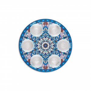 Dorit Judaica Seder Plate, Mandala Design with Glass Bowls - Blue and Orange