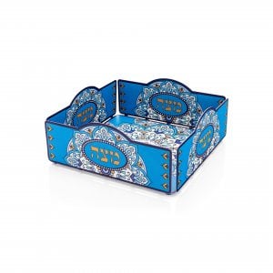 Dorit Judaica Raised Square Matzah Tray with Mandala Design - Blue and Orange