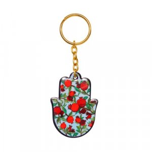 Yair Emanuel Gold Key Chain with Enamel Finish - Hamsa Hand with Red Pomegranates