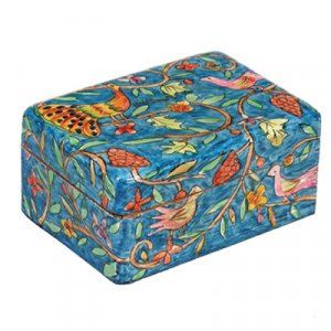 Yair Emanuel Hand Painted Small Wood Jewelry Box - Peacock