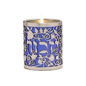 Yair Emanuel Yahrzeit Memorial Candle Holder, Yizkor & Pomegranates Cutout – Blue