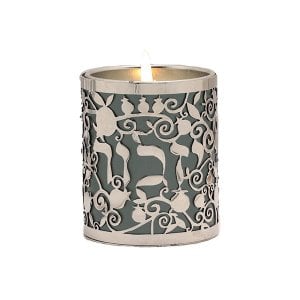 Yair Emanuel Yahrzeit Memorial Candle Holder, Yizkor & Pomegranates Cutout - Gray