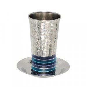 Yair Emanuel Kiddush Cup Set, Hammered Stainless Steel with Stacked Discs – Blue