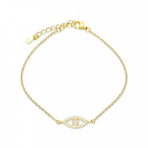 Sterling Silver Bracelet Plated with Yellow Gold  Evil Eye Amulet with Zircons