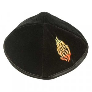 Black Velvet Kippah with Red and Orange Embroidered Flames Breslev Ha'esh Sheli