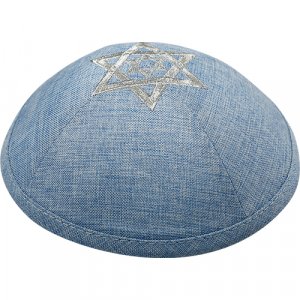 Blue Linen Fabric Kippah Yarmulke with Silver Double Star of David on Crown