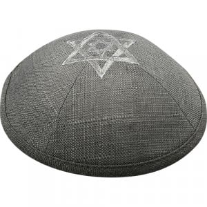 Gray Linen Fabric Kippah Yarmulke with Silver Double Star of David on Crown