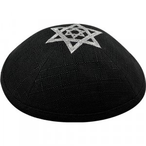 Black Linen Fabric Kippah Yarmulke with Silver Double Star of David on Crown