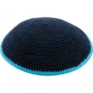 Dark Blue DMC Knitted Kippah with Light Blue Border - Various Sizes