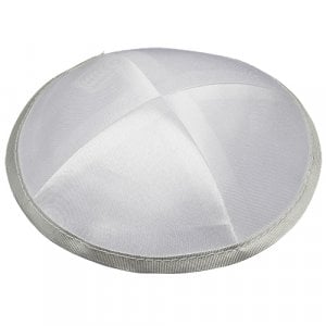 White Satin Four Panel Kippah with Silver Border Ribbon