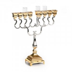 Large Size Silver and Gold Chanukah Menorah, Swirls Design - 14.9" Height