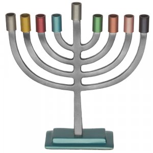 Traditional Chanukah Menorah with Colorful Candle Holders - 7.4 Inches Height