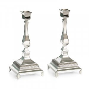 Classic Silver Plated Square Design Shabbat Candlesticks - 9.8" Height