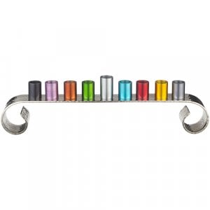 Colorful Aluminum Chanukah Menorah with Swirl Silver Base, for Oil