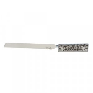 Yair Emanuel Challah Knife, Jerusalem Design with Blessing Words - Antique Green