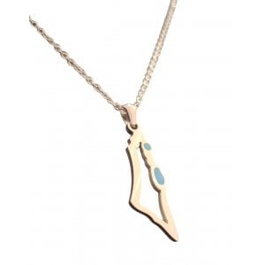 Silver Stainless Steel Pendant Necklace, Outline Map of Israel with Blue Enamel